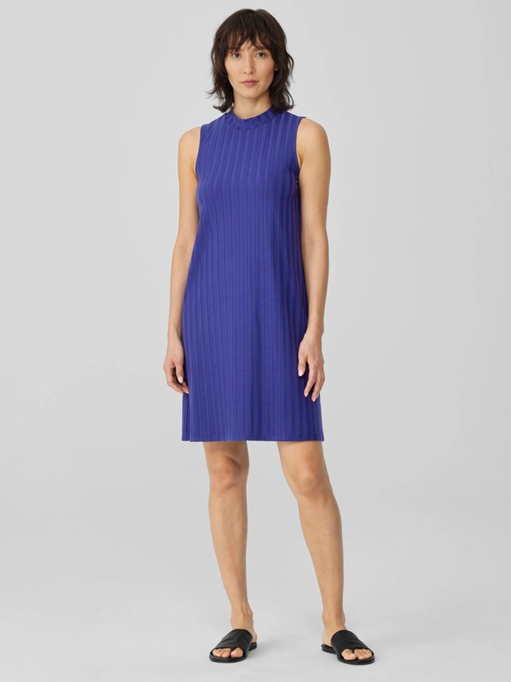 Eileen Fisher Wide Rib Stretch Mock Neck Dress Knee Length Purple Medium